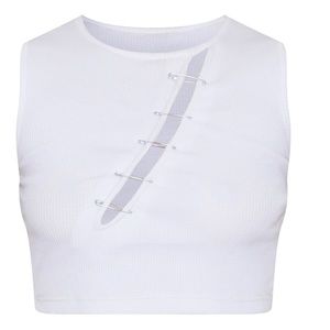 PrettyLittleThing White Ribbed Safety Pin Fastened Crop Top